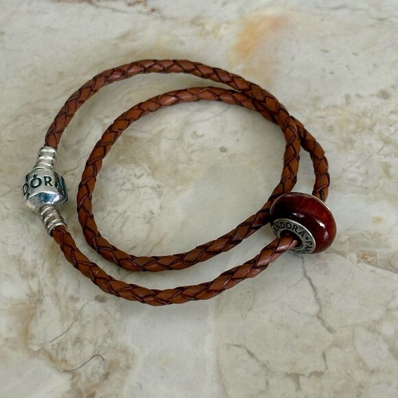 Pandora Leather Double Wrap Sterling Silver Barrel Clasp Bracelet & Pandora Bead - Picture 3 of 9